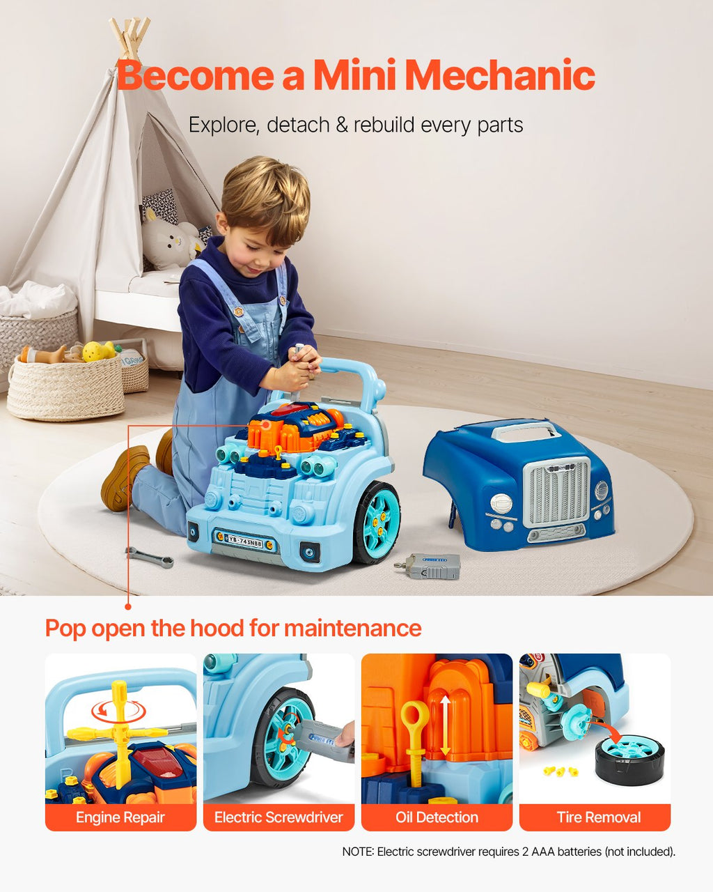 Engine Toy Kids Mechanic Car Repair Set With Removable Parts Blue