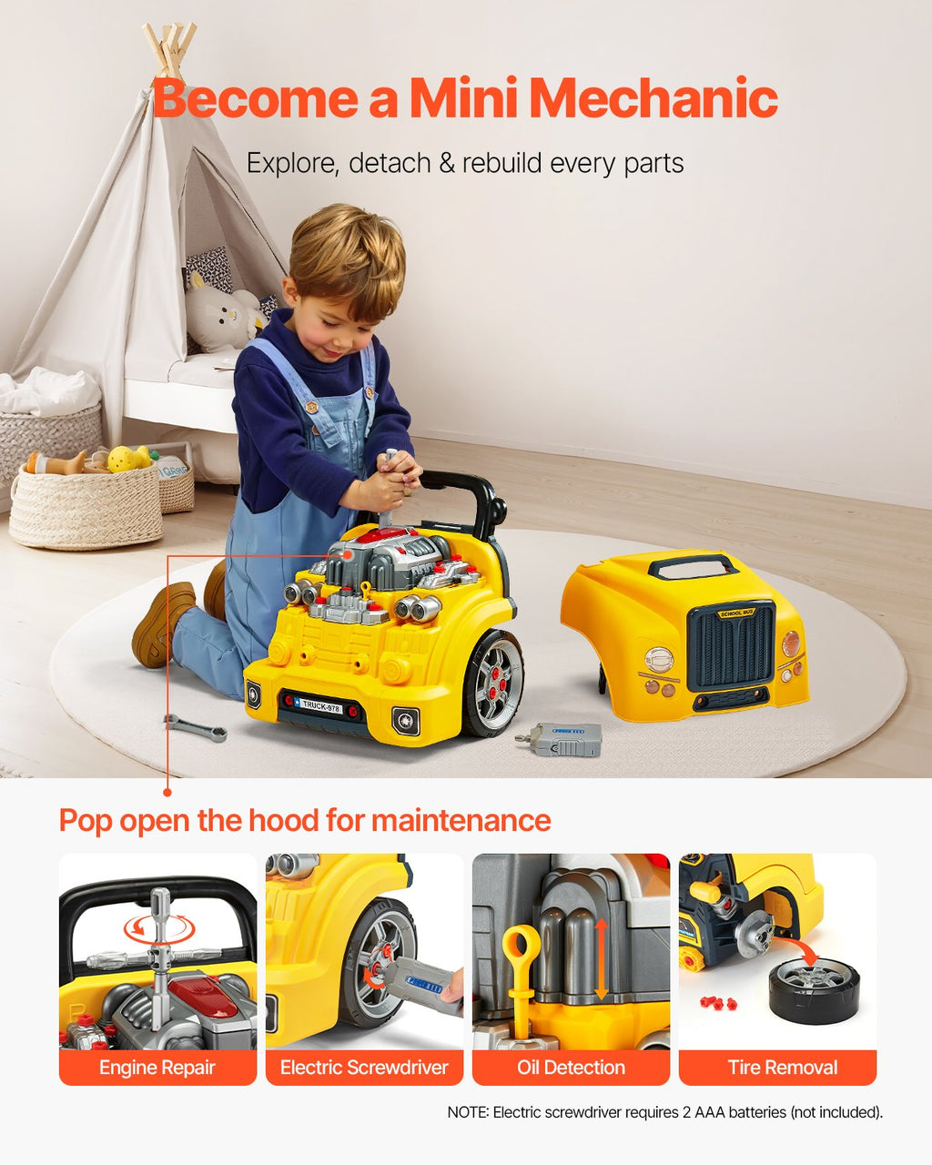 Engine Toy Kids Mechanic Car Repair Set With Removable Parts Yellow